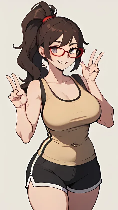 (high ponytail:1.0),(wavy hair:1.0),(brown hair:1.0),(thick eyebrows:0.8),(RED handed over the glasses),(large breasts:1.0)break,

(beige tight shorts),(black tight tank top),(Earphones),break,

smile,break,

No background