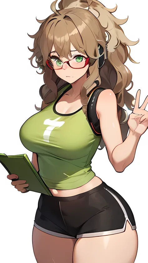 (high ponytail:1.2),(wavy hair:1.8),(messy hair:1.9),(brown hair:1.1),(thick eyebrows:1.1),(RED handed over the glasses),(large breasts:0.5),break,

(Beige shorts),break,(black tight tank top),break,(headphone),break,

(pupils sparkling),(lime green eyes),...