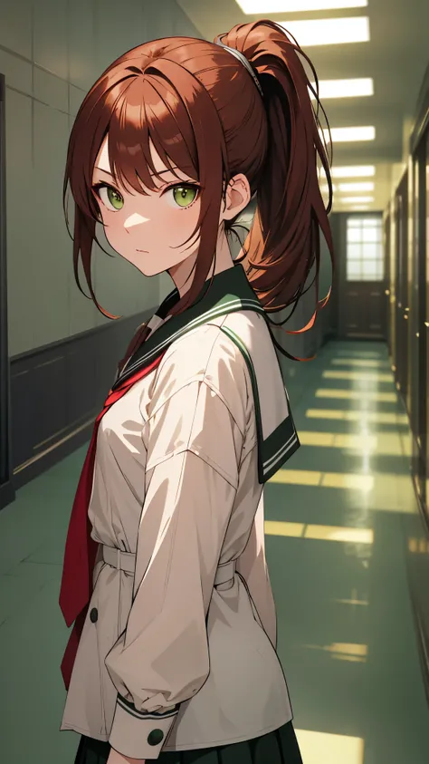 [[[ ultra-detailed, best quality, soft skin, beautiful face, masterpiece, close-up, modern setting, anime]]],  long hairstyle, ponytail, auburn hair, dark green eyes, serious, looking at viewer, library girl, dynamic angle, petite body, ((school hallway)),...