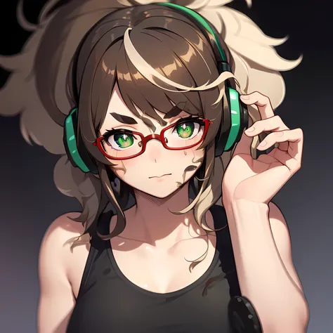 (high ponytail:1.3),(messy hair:1.9),(brown hair:1.1),(thick eyebrows:1.1),(RED handed over the glasses),(large breasts:0.6),break,

(black tight tank top),break,((headphone)),break,

(pupils sparkling),((green eyes)),break,

(((No background))),portrait