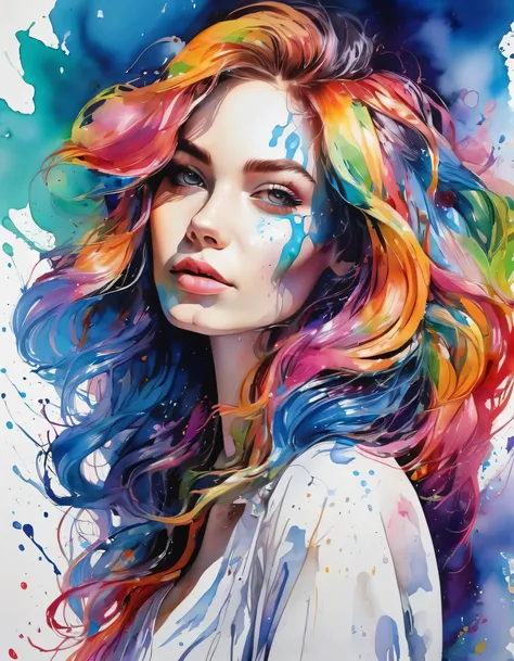 Colorful beautiful woman, a woman 18-years old, multiple color messy hair, watercolor, nice perfect face, multiple colors, intricate detail, splash screen, 8k resolution, masterpiece, cute face,art station digital painting smooth veryBlack ink flow, 8k res...