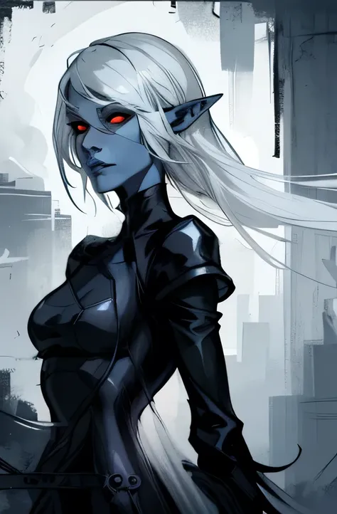 woman is drow. blue skin. elf ears. long straight white hair. strands on the sides are tied at the back of the head. his face is long and thin. the cheekbones are sharp. black shadows. red eyes. beautiful white eyebrows. straight nose. wizards clothing, de...