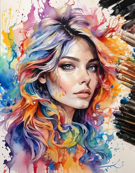 Colorful beautiful woman, a woman 18-years old, multiple color messy hair, watercolor, nice perfect face, multiple colors, intricate detail, splash screen, 8k resolution, masterpiece, cute face,art station digital painting smooth veryBlack ink flow, 8k res...