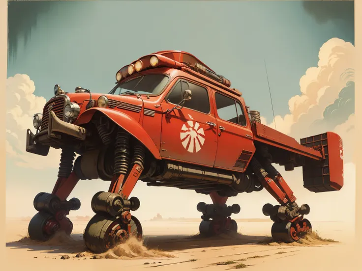 a japanese painting with vintage technique，depicts an advanced vehicle, high tech, hd, mix, red stripes，bipedal robotic legs