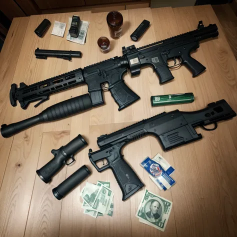 US Dollars, drugs and guns. 