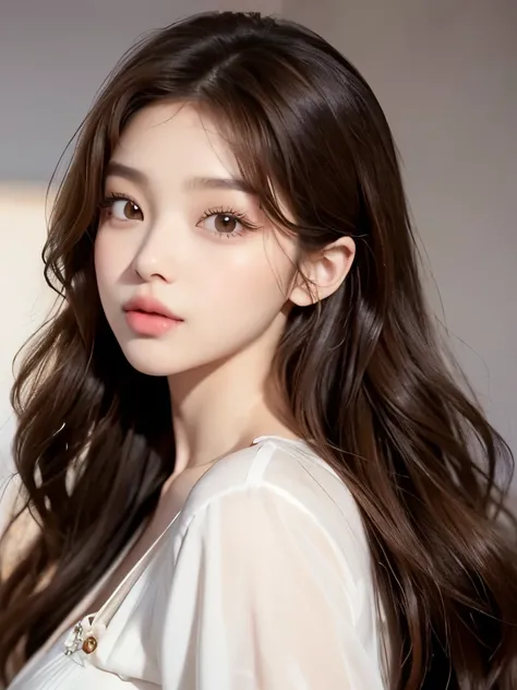 Kim Jennie with brown hair, with curls, with caramel-colored eyes, caramel eyes, Beautiful and big eyes, Beautiful and long eyelashes, with a raised and pretty nose, button nose, with cupid'heart shaped lips, pink lips, thick lips, pretty skin, pale wh...