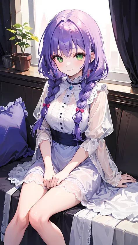 1girl,solo,girl with light purple hair with two little braids in the frontal hair,and wide green eyes with sparkling iris ,and long lashes,she s wearing dress ,looking at the viewer and smiling ,she s sitting,4k 