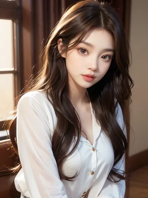 Kim Jennie with brown hair, with curls, with caramel-colored eyes, caramel eyes, Beautiful and big eyes, Beautiful and long eyelashes, with a raised and pretty nose, button nose, with cupid'heart shaped lips, pink lips, thick lips, pretty skin, pale wh...