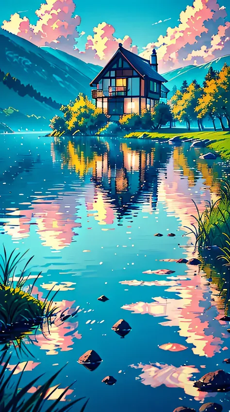 "A tranquil lakeside cottage, with a clear blue sky and soft clouds reflecting in the calm water. The vibrant, warm colors create a peaceful and inviting atmosphere, perfect for a serene escape."