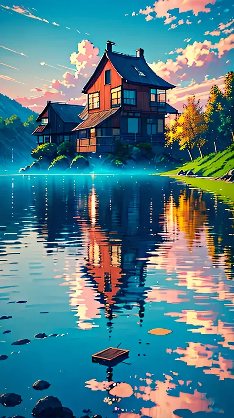 "A tranquil lakeside cottage, with a clear blue sky and soft clouds reflecting in the calm water. The vibrant, warm colors create a peaceful and inviting atmosphere, perfect for a serene escape."