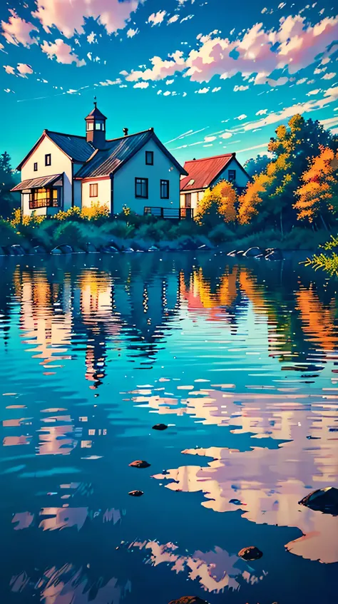 "A tranquil lakeside cottage, with a clear blue sky and soft clouds reflecting in the calm water. The vibrant, warm colors create a peaceful and inviting atmosphere, perfect for a serene escape."