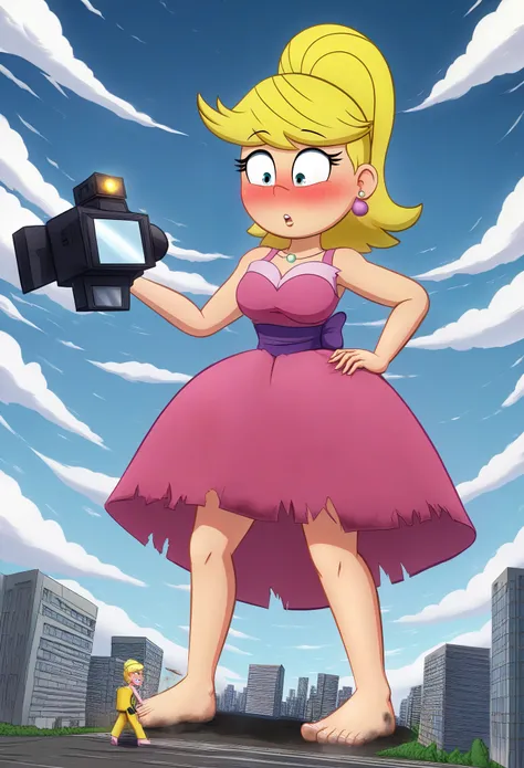 Nsfw, lola loud, pink dress, blonde hair, barefoot, Masterpiece, best quality, illustration, hd, 4k, cartoon, 1girl, blush, parted lips, ripped outfit, giant , giga size, lilliputian people, growth, cramped, A young woman, standing in the middle of a bustl...