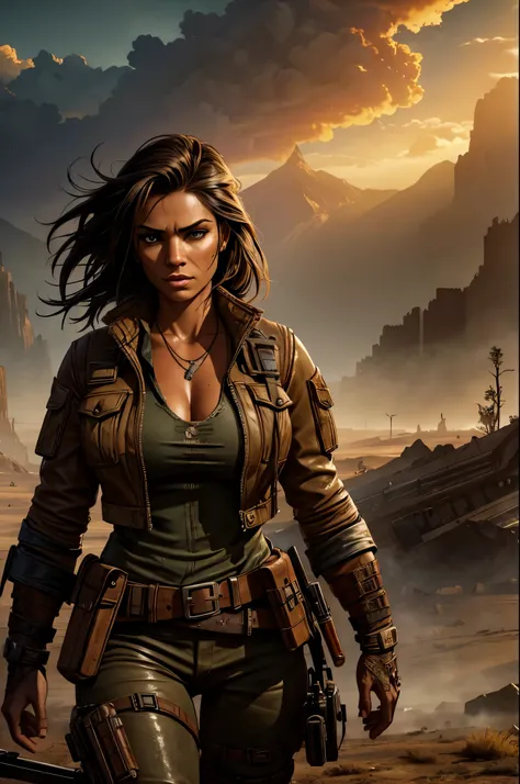 a beautiful woman, female gunslinger, bounty hunter, apocalyptic landscape, rugged wilderness, desolate environment, dramatic lighting, cinematic composition, hyper-realistic, 8k, photorealistic, high quality, intricate details, dynamic pose, intense gaze,...