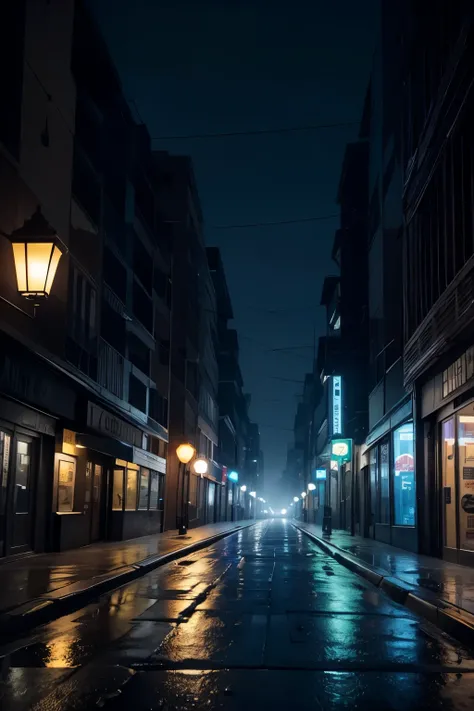 dimly lit city full of modern technology and no people, very dark out, with a sidewalk and road, along with street lanterns and buildings in the distance, misty blue and gray theme