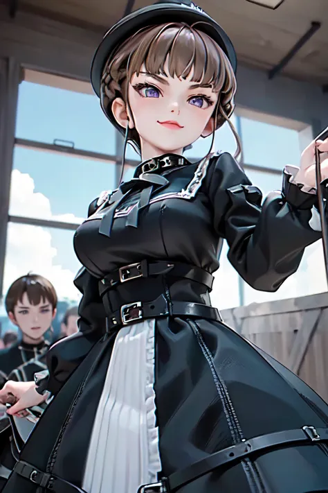 ((Thank You)), Short Hair, braided hair, Brown Hair, Purple eyes, bangs, woman, Alone, (l34th4rdr3ss), long sleeves, leather dress, frills, black dress, juliet sleeves, corset, puffy long sleeves,hat,temple、Medieval period