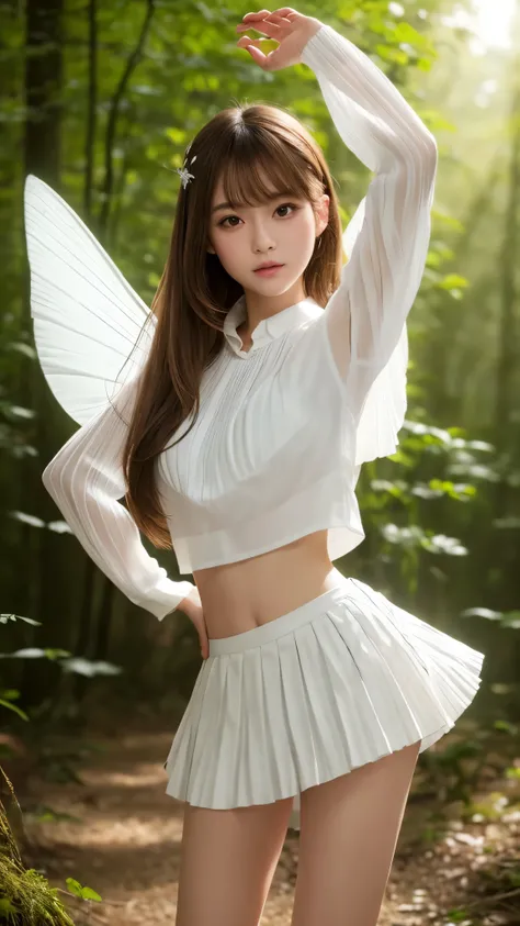 Product quality,1 girl,Cowboy Shot,Young and cute Japanese girls,(In a fantastic forest:1.2),(Thin white blouse:1.3), (White ultra short pleated mini skirt:1.5),(Like a fairy:1.3),(No pants:1.3),Very cute face,Glossy Lips,Beautiful big eyes,Brown eyes,Doub...