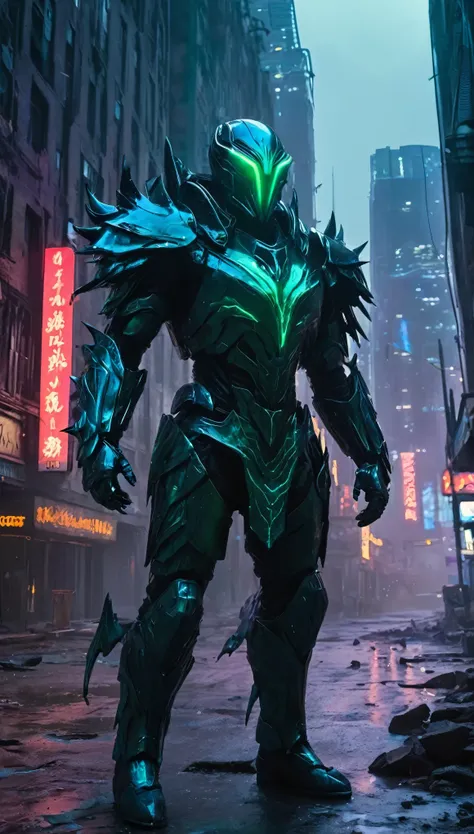 A chilling, cinematic depiction of the *Void Revenant*, an otherworldly figure clad in segmented armor forged from a dark, obsidian-like metal that seems to absorb the light around it. The armor’s surface shimmers with an oily sheen, reflecting muted, irid...