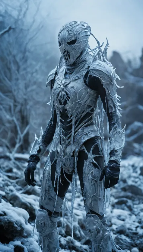 A chilling, cinematic depiction of the *Phantom Revenant*, a towering, spectral figure whose entire body is encased in an eerie, bone-white exoskeleton that seems to shift and writhe as though alive. Its face is hidden beneath a smooth, featureless mask of...