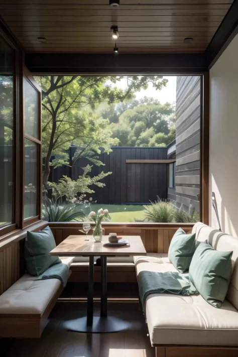 A contemporary mid-century and refined breakfast nook featuring a bench with a futon, a wall lamp, and windows that open to a green landscape. Strategically positioned for the view, the walls are clad in stone, with soft vegetation surrounding the area. A ...