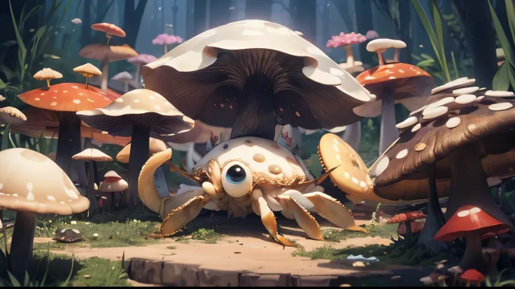 a crab beast with many eyes covered by the mushrooms along its body