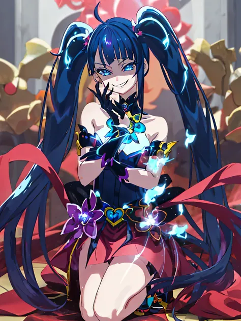 Highest quality, Very detailed,One Girl, alone, {cure_null_hirogarunullprecure:1.15}, Dark blue hair, blue eyes, Blue flames in the eyes, Long Hair, Twin tails, Magical girl, bangs, Open your mouth, Redhead, multicoloRedhead, One Girl, blunt bangs, Darken ...