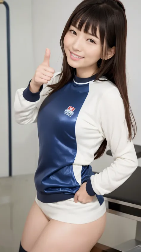 Super shiny enamel gym uniform　Brown hair with bangs　Korean Idols　Mature Woman　Thumbs up　A very happy smile