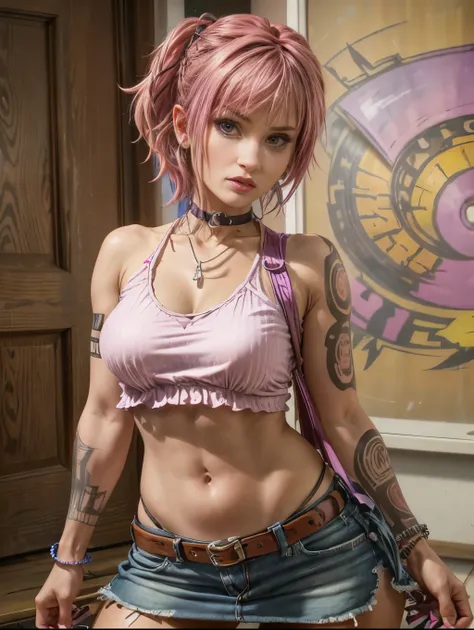 Best quality, photorealistic, 8k, masterpiece, A woman with a tattoo on her arm and a bag on her shoulder, tattoo sleeve on her right arm and neck, tattoos and piercings, beautiful female punk,pink and purple hair, choker, heavy bracelets, pastel clothes, ...