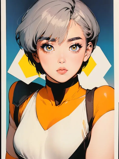 (best lighting), (best quality, masterpiece:1.2), illustration by hajime sorayama, perfect body, hyperfeminine curves, (detailed eyes), (detailed face), woman, (((very short hair))), pixie cut, grey hair, yellow eyes, thick, curvy, blushing, high fashion, ...