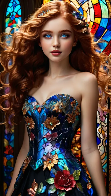 A captivating young woman with crystal blue eyes and full, defined eyebrows is set against a stunning backdrop of intricate stained glass, with a kaleidoscope of colors and delicate patterns that seem to dance in the light. Her long, curly red hair cascade...