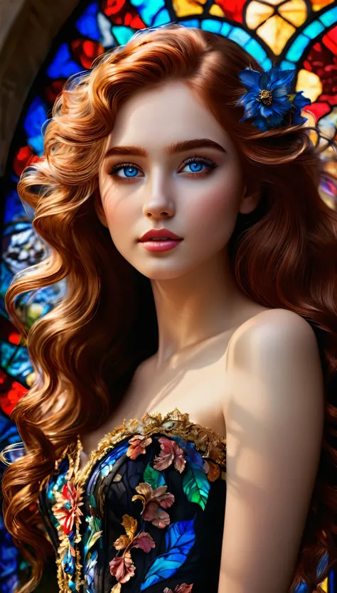 A captivating young woman with crystal blue eyes and full, defined eyebrows is set against a stunning backdrop of intricate stained glass, with a kaleidoscope of colors and delicate patterns that seem to dance in the light. Her long, curly red hair cascade...