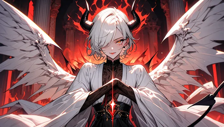 solo, male:1.7, broad shoulders, slightly feminine:0.7, long white hair, golden eyes, very slim waist, slightly bulky body, white demon wings, huge wings, white wings, demon horns, white tail, demon tail, sexy male, mole under eyes, swept bangs, pointed ey...