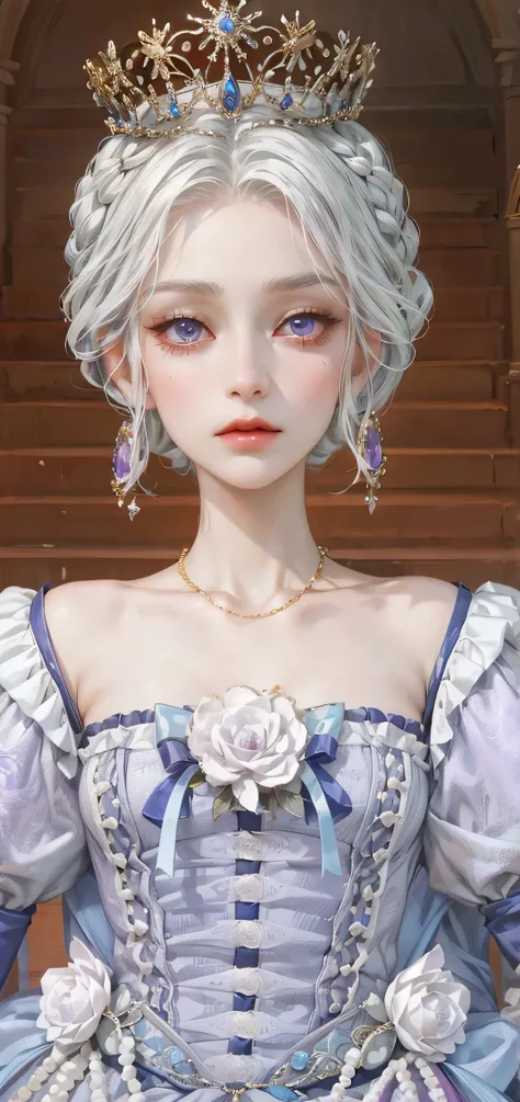 (masterpiece, top quality, best quality, official art, enchanting and aesthetic:1.2), 1female, white silver hair, royal braided hair, violet eyes, white and red dress, red and gold jewelry, high quality details, 4k eyes, white hair, silver white hair, long...