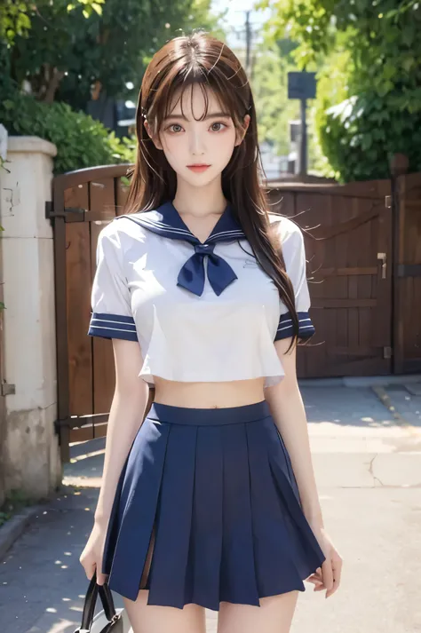 (Ultra HD), (Looking at me), (Short-sleeved sailor uniform, Navy blue mini skirt), Big Breasts, Super beautiful breasts, Slender, (Thin legs:1.2), (Thin thighs:1.2), (Thin Hips:1.4), (Beautiful Skin, Shiny skin, White skin), (Super slim face, Super beautif...