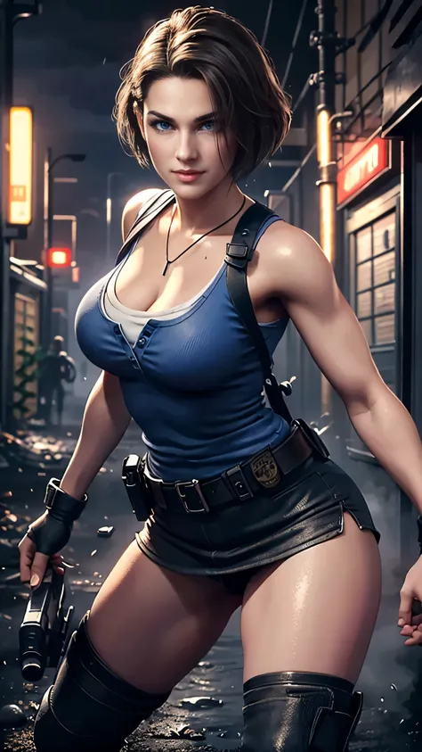 Jill Valentine da resident evil,(best qualityer,4K,8k,high resolution,work of art:1.2)(weather: rain), back alley background, city ruins, short curly hair, brown hair, blue sleeveless top, tight black mini skirt, brown boots, harness, police gear, combat p...