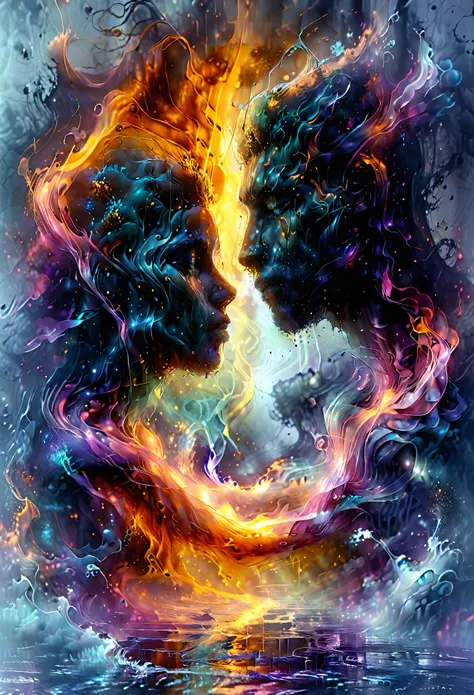 a woman and a man silhouettes emerging from a liquid and metallic-looking smoky mass, cold colors, dramatic atmosphere, intricat...