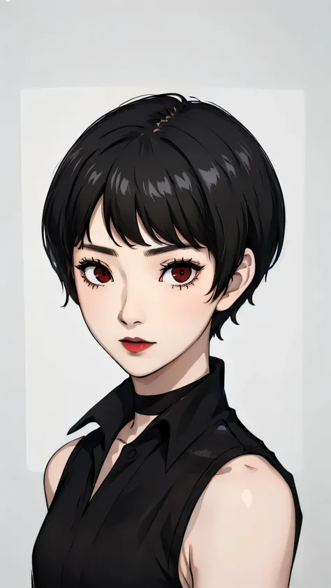 1 girl, very Short hair, tomboy Pixie haircut, black hair, red eyes, black lipstick, black lipstick, face portrait, black choker, bandeau , front face, white background, front face, face portrait, bangs,