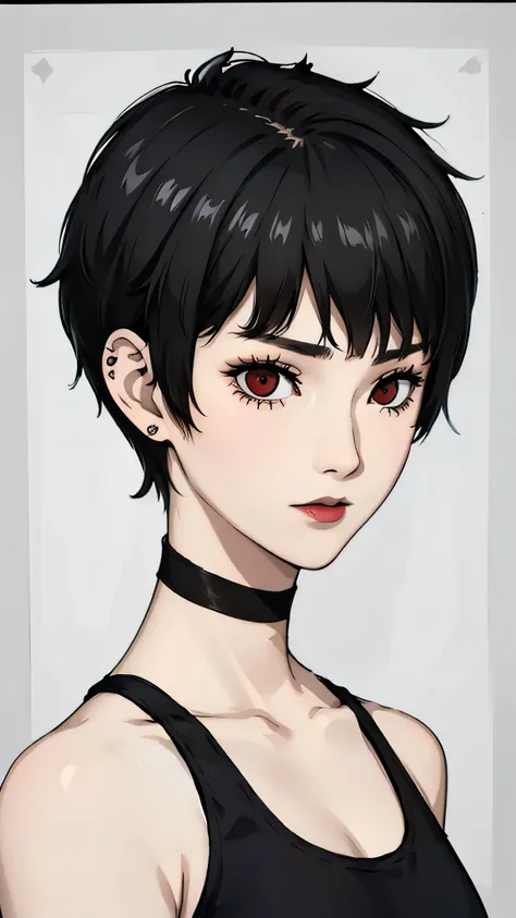 1 girl, very Short hair, tomboy Pixie haircut, black hair, red eyes, black lipstick, black lipstick, face portrait, black choker, tank top , front face, bedroom, front face, face portrait, bangs, earpiercings