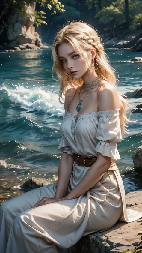 Style: "Prehistoric fantasy setting with a focus on authentic primitive clothing and accessories, reflecting the materials and craftsmanship of early human cultures Neolithic period" 
1girl Lidana, Keeper of the Sacred Waters is a beautiful prehistoric wom...