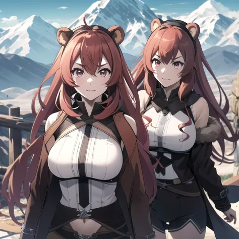 raphtalia .bear ears  , by the ruby, smile,  big breasts. Pink eyes, leather clothing neckline,, long brown coat,  in the background some mountains.