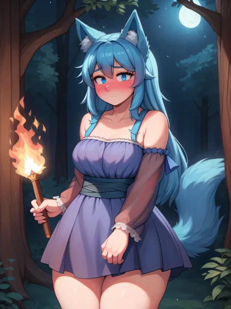 (Masterpiece) (High Detail) (High Res) A short little slim humanoid girl with pale human skin and blue eyes and long blue hair and blue dog ears and a fluffy blue dog tail and average breasts. She is wearing medieval dress. She is in the woods. She looks a...