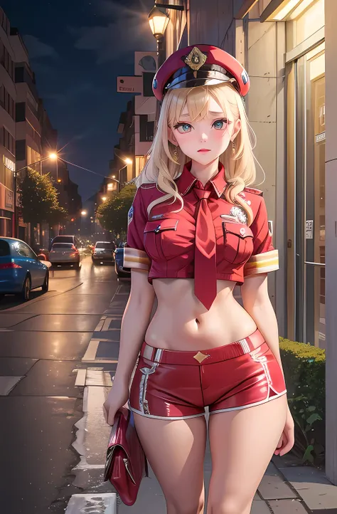 Blonde, Blue colored eyes, Warts under the mouth,
compensate, lipscurly eyelashes,
Standing alone, trunk, Standing, smile,
night, Streets etc., Cityscape, carriage,
Police uniform, Police hat, stomach, Pink shorts, Red Shoes, Red tie,
(Incredibl...