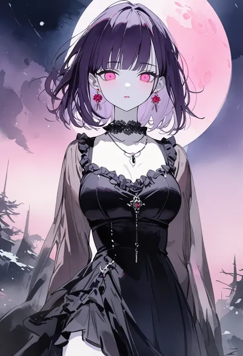 a girl with dark purple hair,hime cut,medium hair,albino, pink eyes,empty eyes,cold eye, wearing a black gothic  dress,Frill,frontal view,earrings, necklaces,midnight, moonlight,(pink moon),breasts, pale skin tone, watercolor style, (best quality,4k,8k,hig...