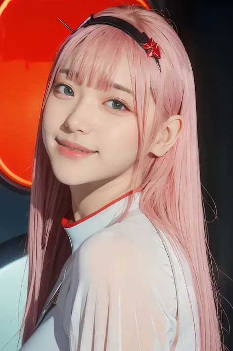 ((best quality)),((highly detailed)),masterpiece,absurdres,detailed face,beautiful face,((detailed eyes, deep eyes)),(1girl),((dynamic pose)), Zero_Two, green eyes, 1girl, solo, red bodysuit, long hair, pilot suit, pink hair, bodysuit, straight hair, hairb...