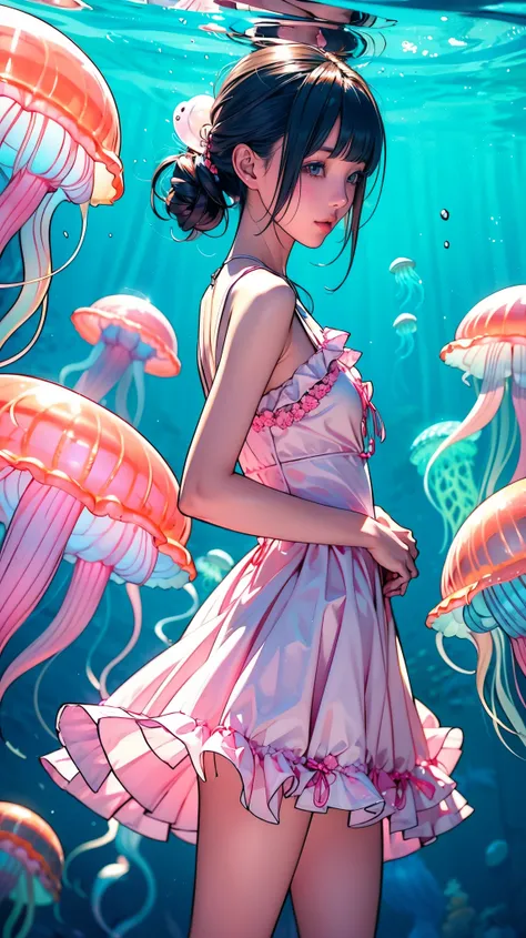 cute女の子、Yeah,Flat Chest,cute,(Jellyfish Girl:1.2), Place your arms behind your back,In the water,Ruffled Dress,