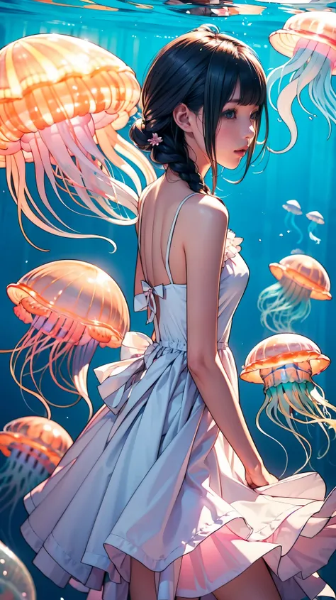 cute女の子、Yeah,Flat Chest,cute,(Jellyfish Girl:1.2), Place your arms behind your back,In the water,Ruffled Dress,