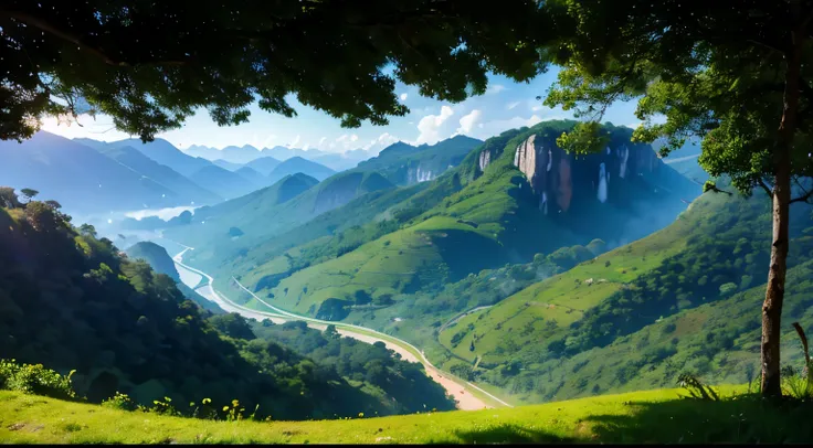 A realistic and scenic view of the Serra da Ibiapaba, a majestic mountain range located in the interior of Ceará, Brazil. The landscape features lush green hills, cliffs, and valleys with patches of native vegetation. The sky is clear with soft sunlight ca...