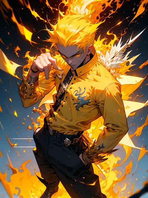 Man 2, half white dragon with a slightly blue aura, and with some scales around the eyes, yellow eyes, cinematic, full body, emanating ice energy, White and spiky hair, yellow eyes, (((holding a small sickle))), Wearing a white button down shirt, wearing b...