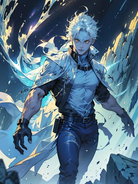 Man 2, half white dragon with a slightly blue aura, and with some scales around the eyes, yellow eyes, cinematic, full body, emanating ice energy, White and spiky hair, yellow eyes, (((holding a small sickle))), Wearing a white button down shirt, wearing b...