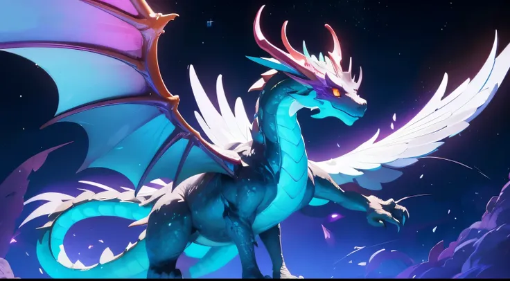 a dragon whose wings are large nebulae, shedding iridescent light wherever it goes, underneath which is a dense forest of trees