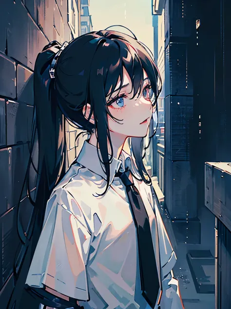 (masterpiece, sidelighting, ultra-detailed, finely detailed beautiful eyes: 1.2), anime boy, from side, black suit, white collared shirt, black tie, long dark blue hair, long flowy hair, profile, solo, building rooftop, rain, raining, stormy background, ch...